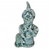 Садовая фигура Гном на грибе с ёжиком (камень серый/зелёный) (Гипс)