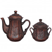 Чайный набор 2 пр. Ажур, резка без ангоба (чайник 900мл, сахарница 600мл) (красная глина)