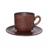 Чашка Чайная на тарелке, огромная, вальцованная, декор, 500мл (красная глина)