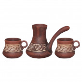 Кофейный набор 3 пр. Турка малая, орнамент, ангоб (турка 300мл + чашка 100мл) (красная глина)